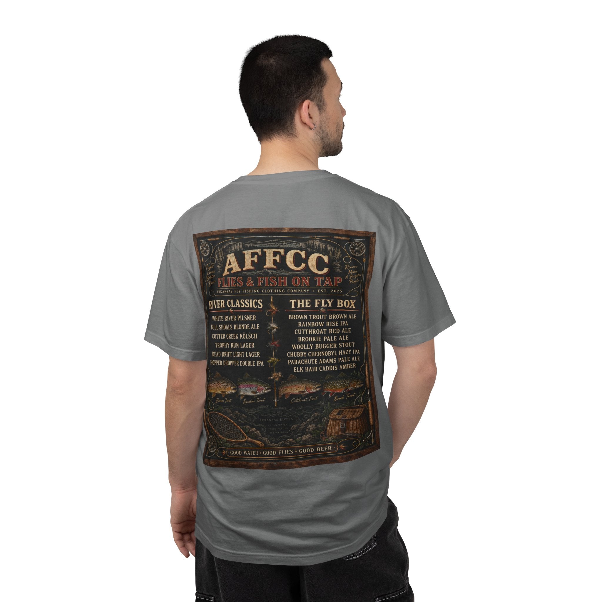 AFFCC Beer Menu Fly Fishing T‑Shirt — AFCC River Classics Vintage Patch Design