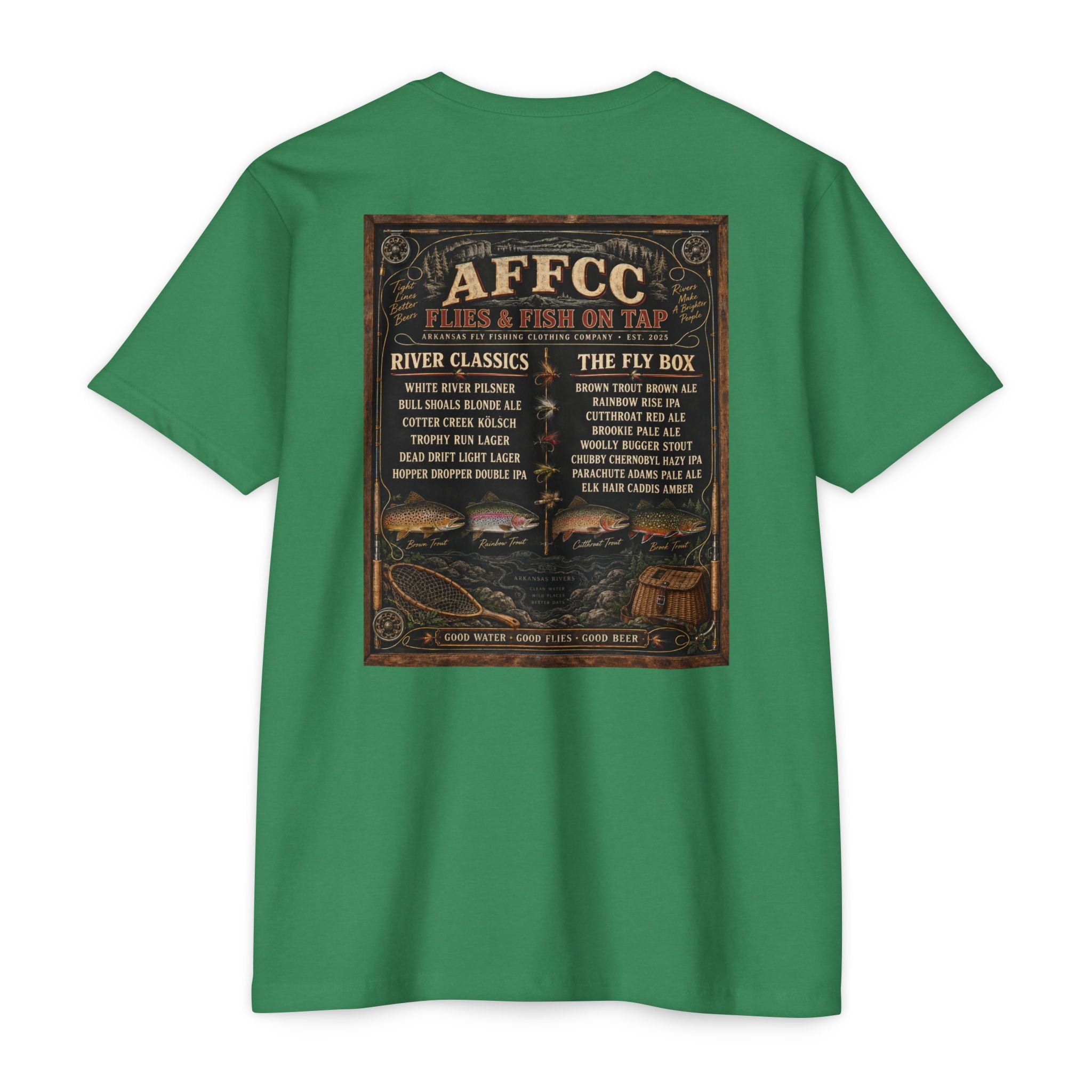 AFFCC Beer Menu Graphic T-Shirt — AFCCC 'Flies & Fish on Tap' Pocket & Back Print