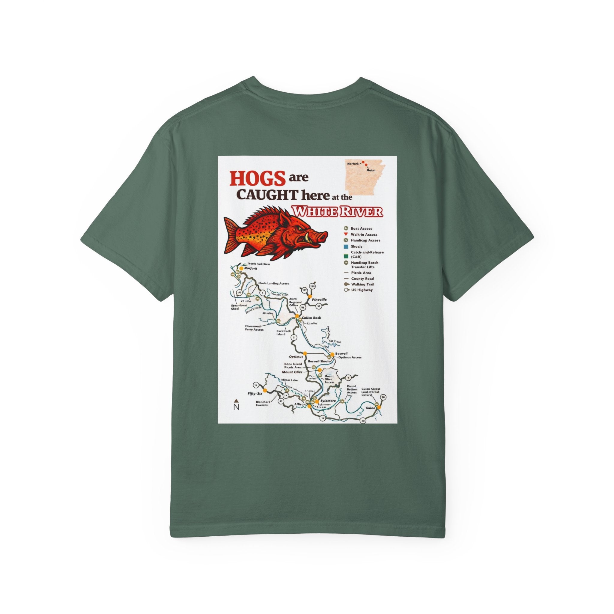 AFFCC White River Fishing Map T-Shirt — “Hogs Are Caught Here” Arkansas White River Trout Map