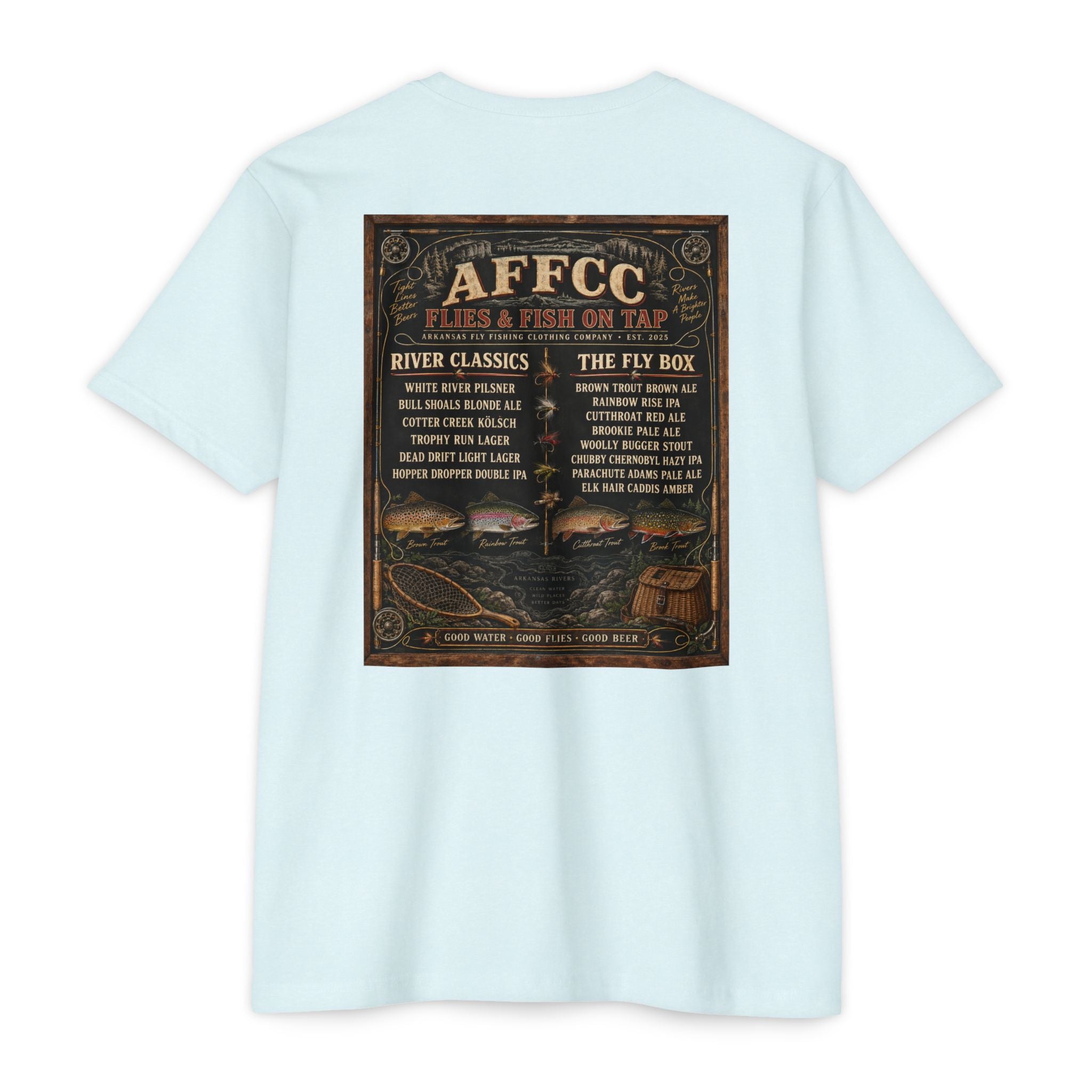 AFFCC Beer Menu Graphic T-Shirt — AFCCC 'Flies & Fish on Tap' Pocket & Back Print
