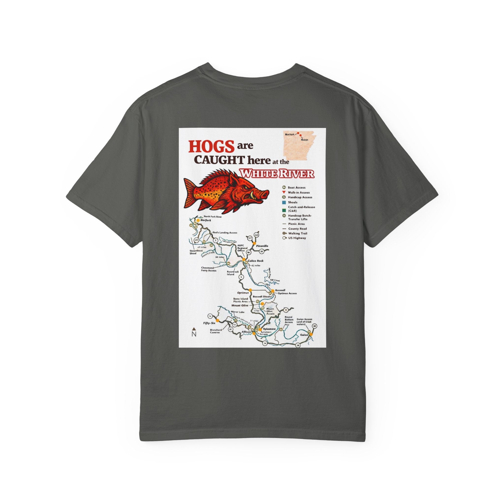 AFFCC White River Fishing Map T-Shirt — “Hogs Are Caught Here” Arkansas White River Trout Map