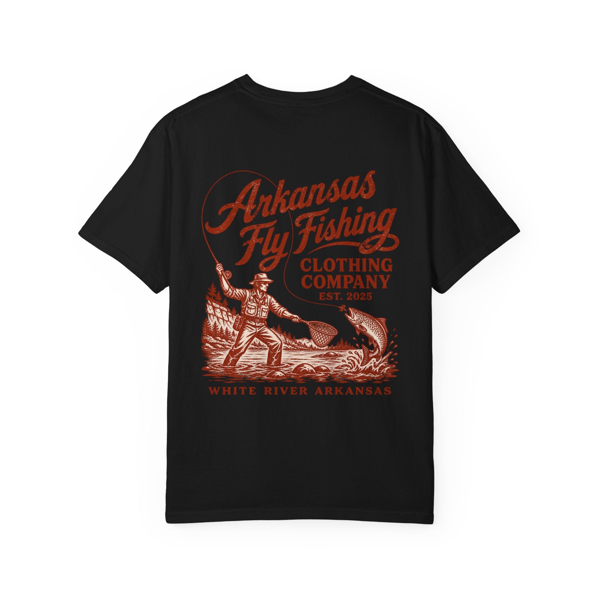 AFFC Arkansas Fly Fishing Hog/Trout Patch T-Shirt | Small Chest Graphic Large Back Graphic