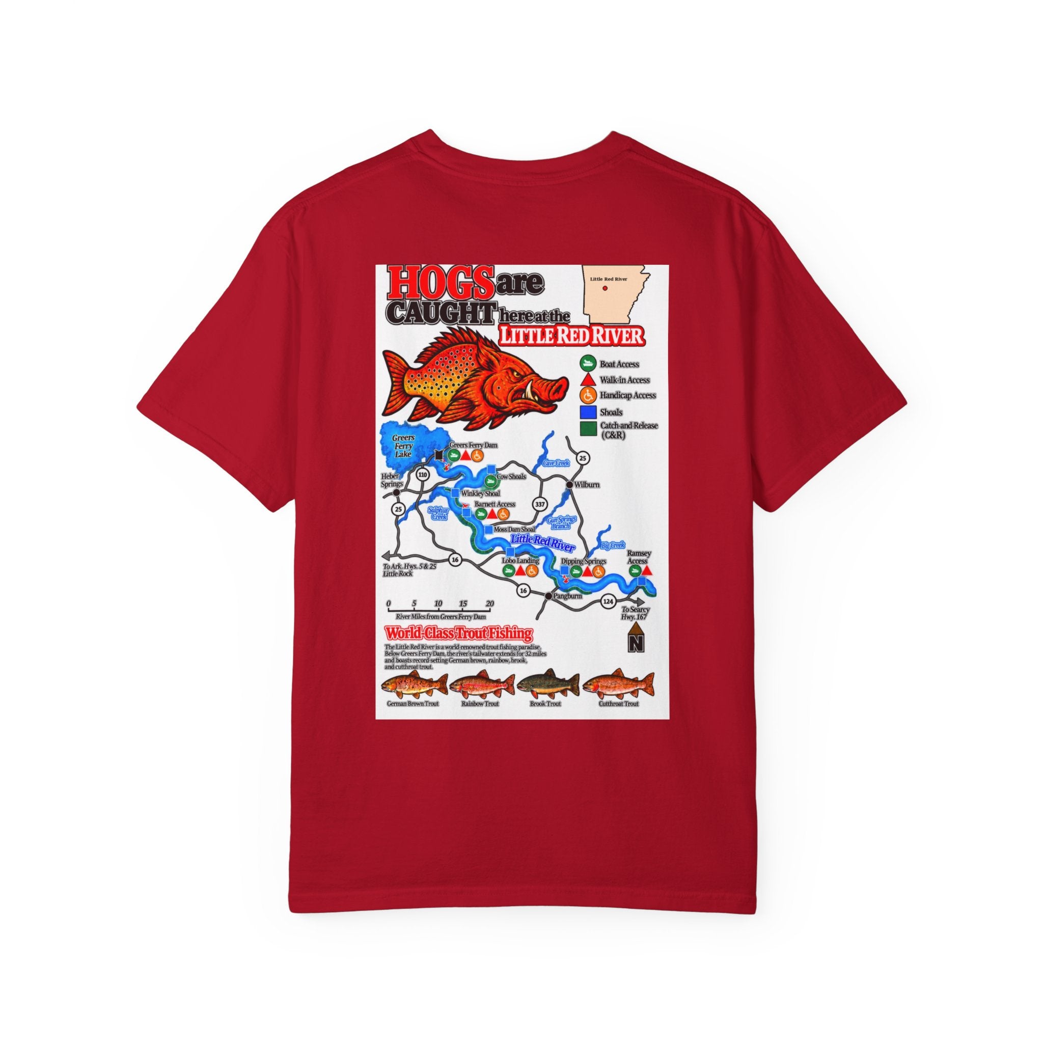 AFFCC Little Red River Arkansas Trout Map T-Shirt — 'Hogs Live Here' Fishing Guide Tee