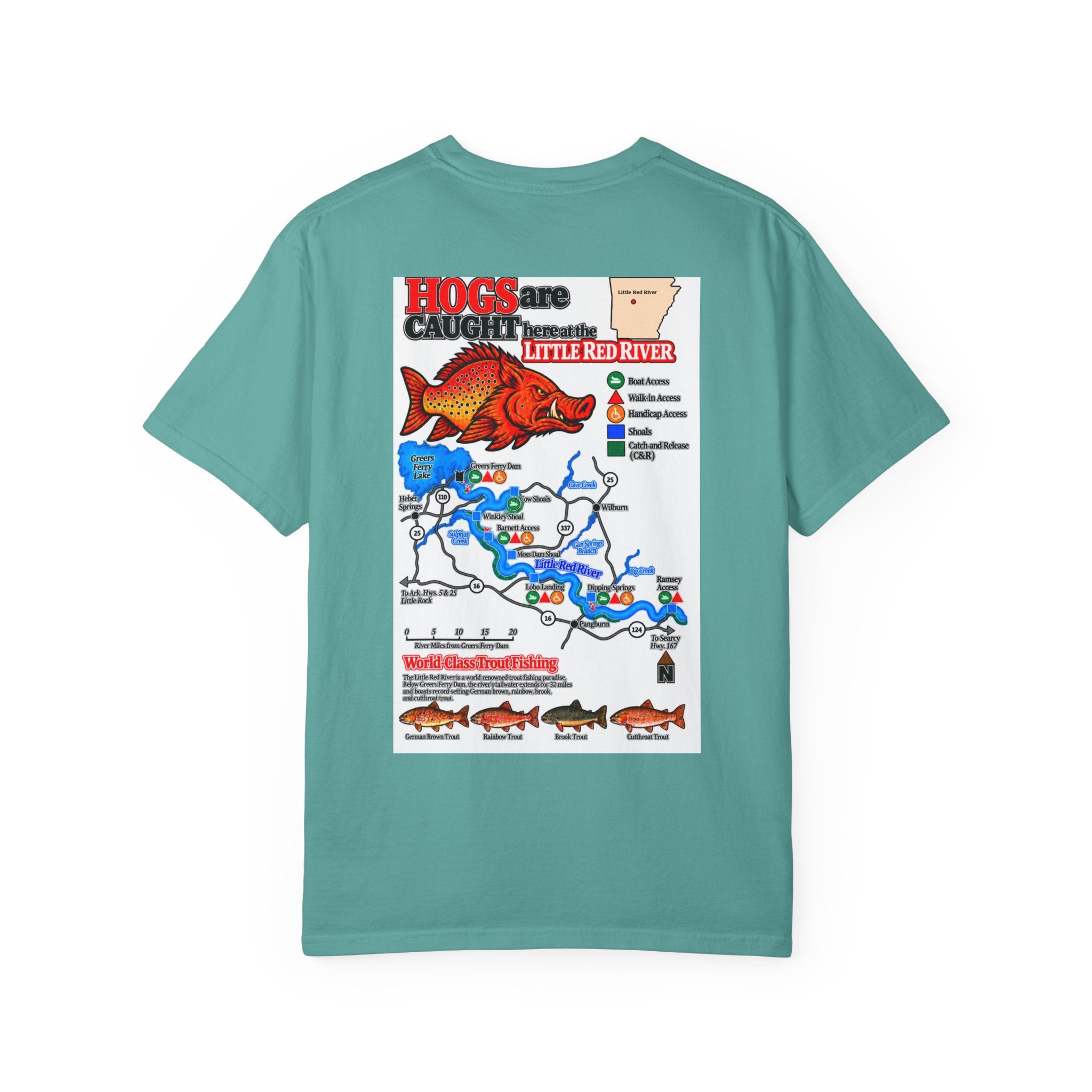 AFFCC Little Red River Arkansas Trout Map T-Shirt — 'Hogs Live Here' Fishing Guide Tee