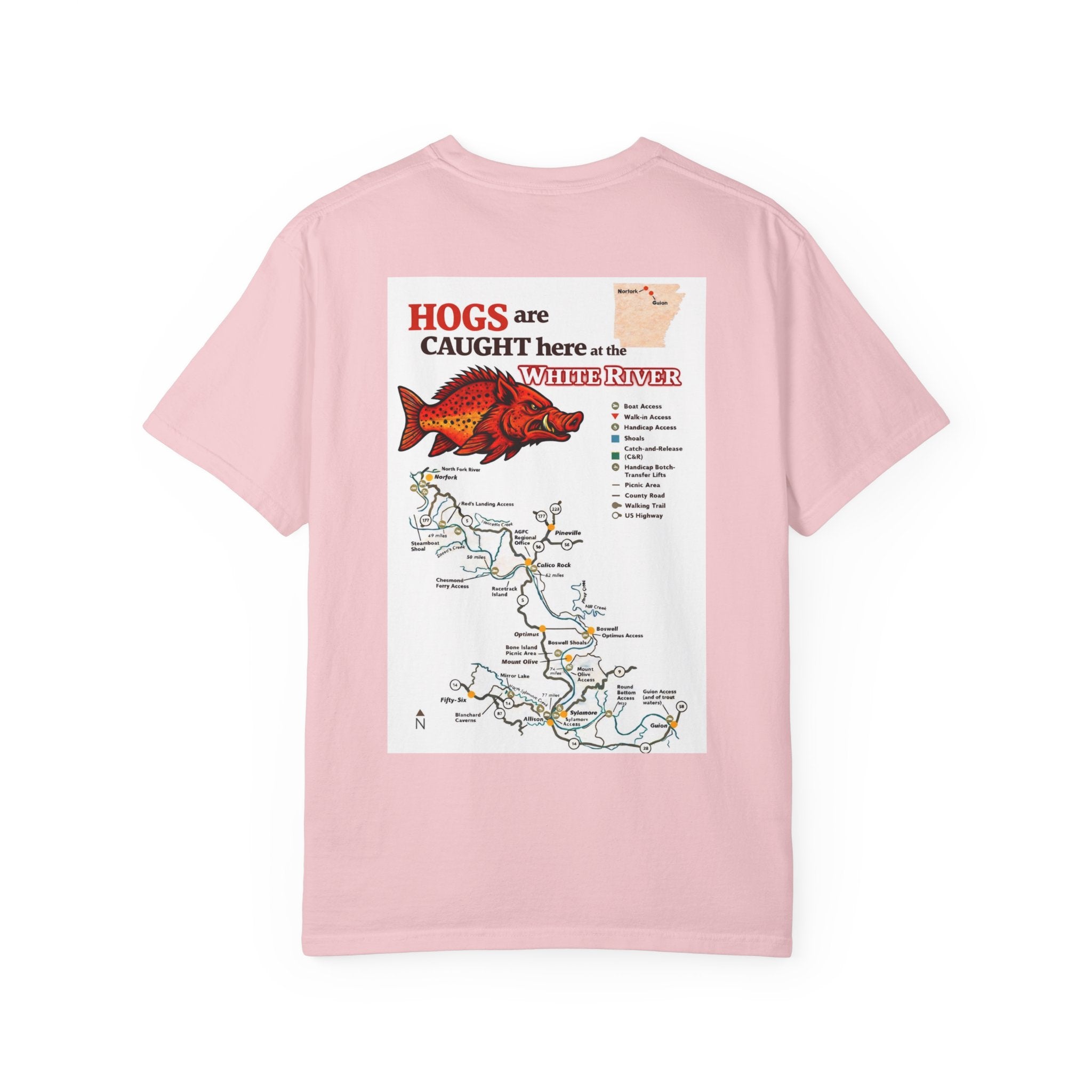 AFFCC White River Fishing Map T-Shirt — “Hogs Are Caught Here” Arkansas White River Trout Map