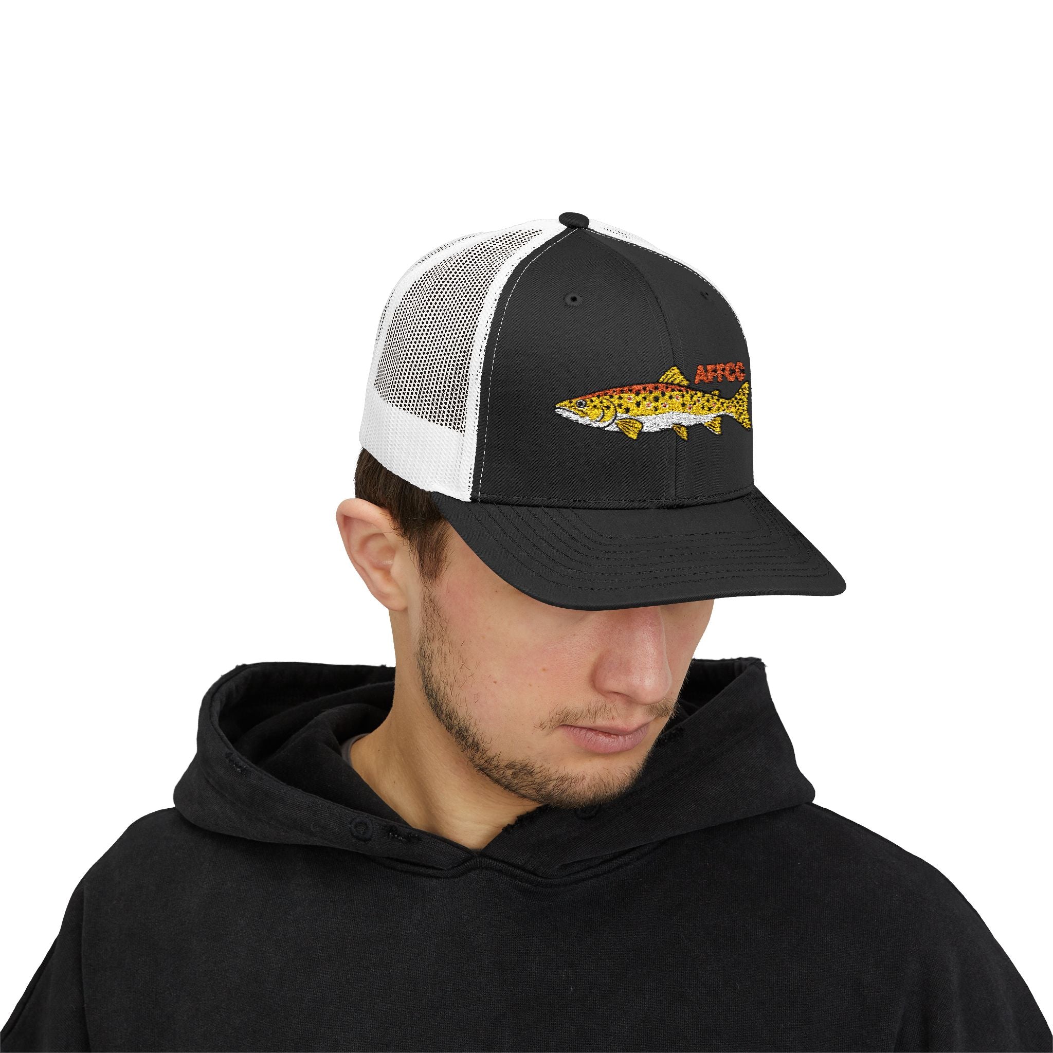 AFFCC Brown Trout Embroidered Trucker Hat – Embroidered Brown Trout ‘AFFCC’ Fishing Hat