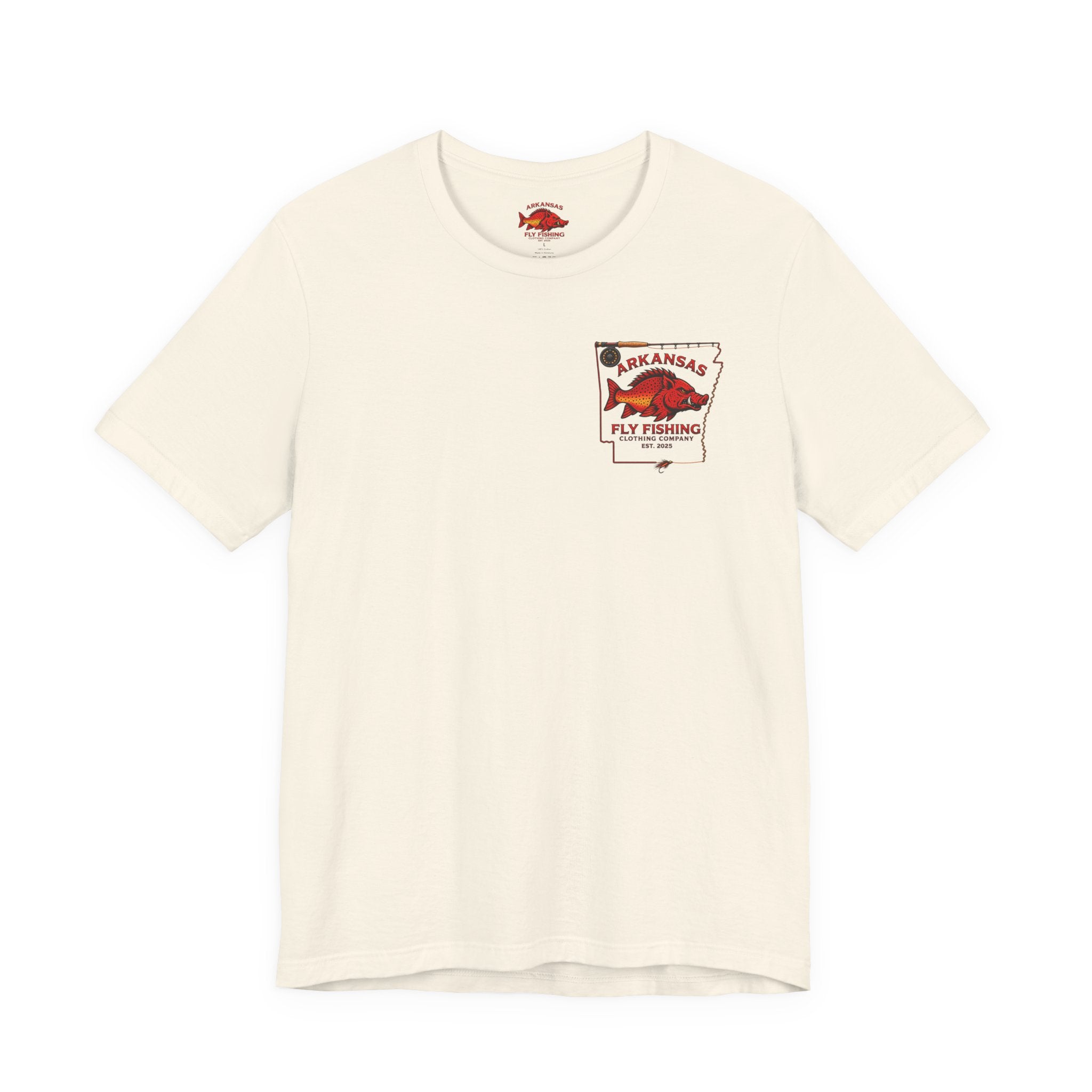 Athletic fit Runs Small Arkansas Fly Fishing Clothing Co. State outline Tee — Redfish State Map Pocket & Back Graphic