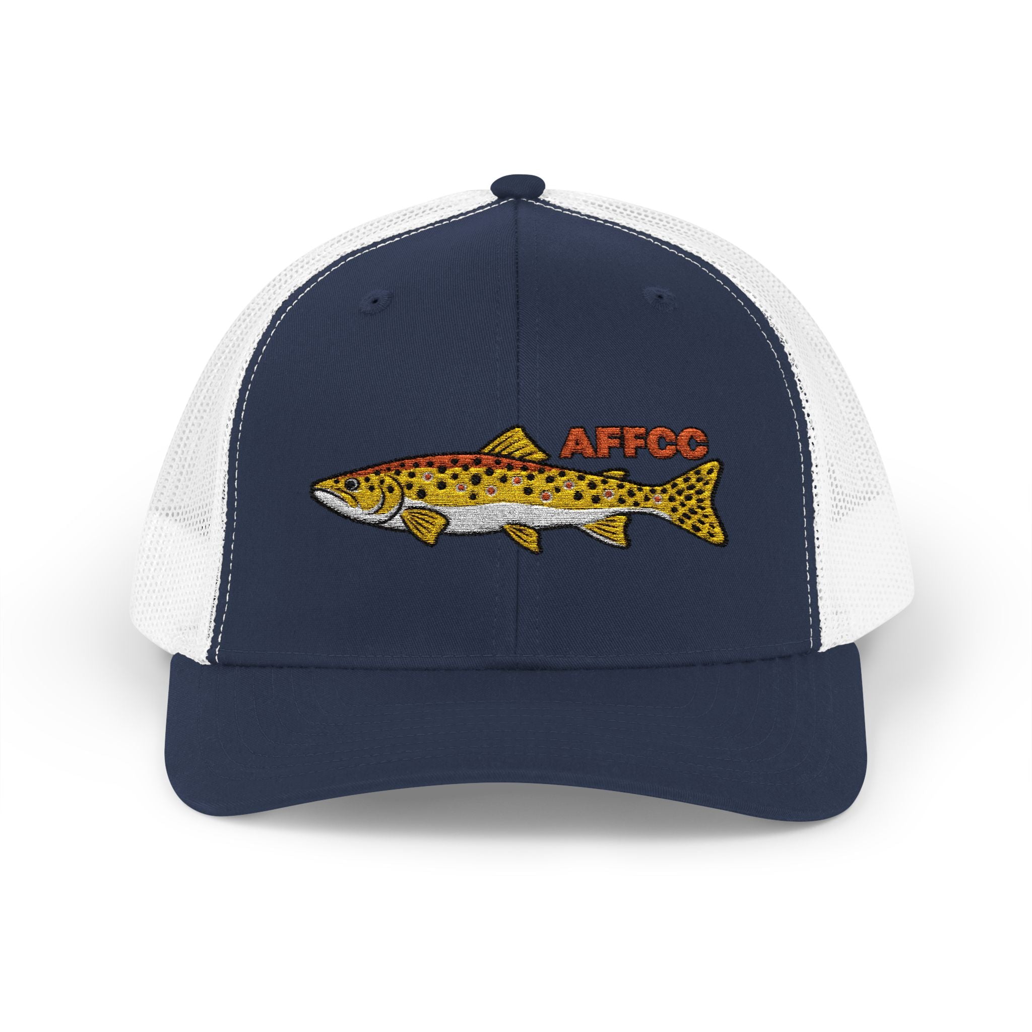 AFFCC Brown Trout Embroidered Trucker Hat – Embroidered Brown Trout ‘AFFCC’ Fishing Hat