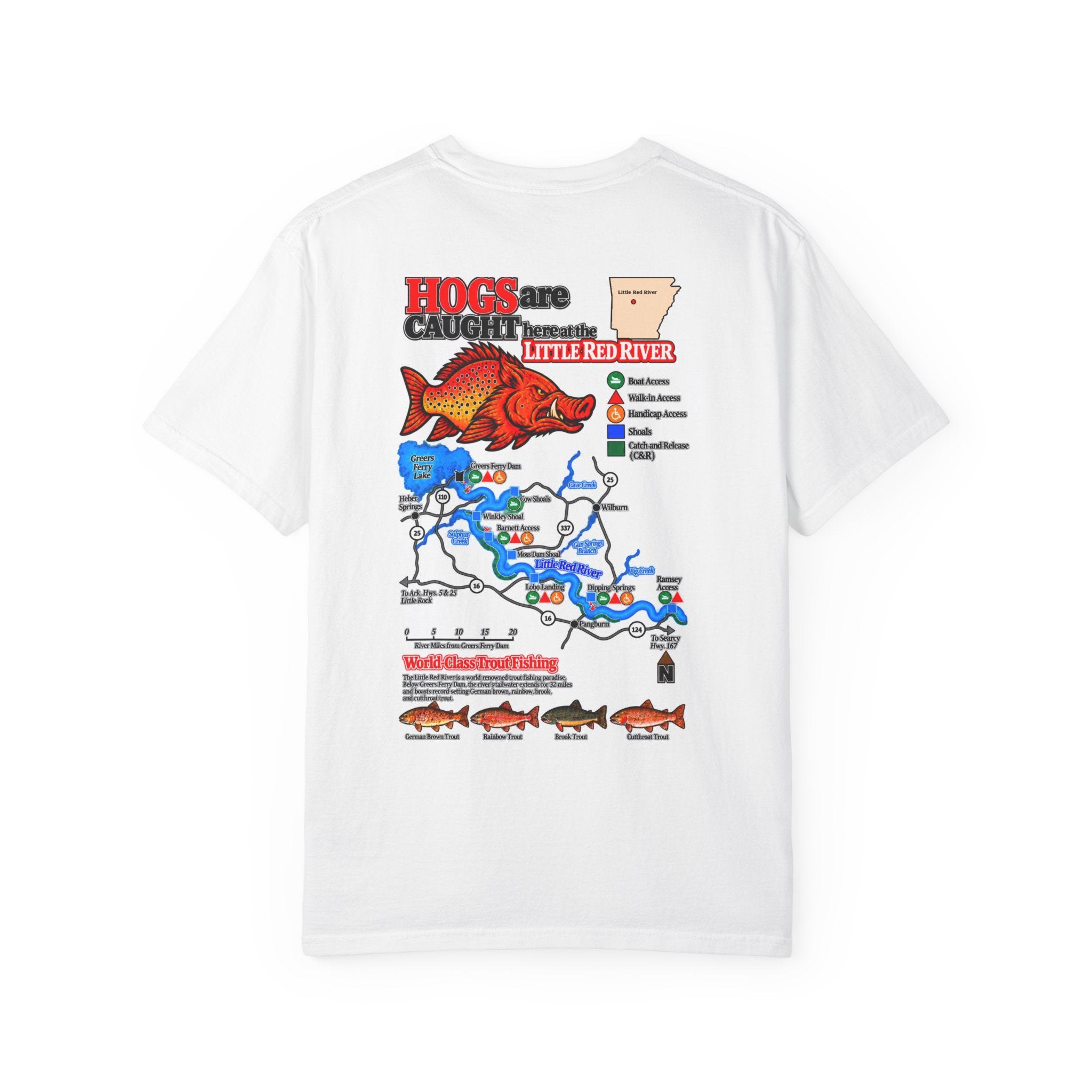 AFFCC Little Red River Arkansas Trout Map T-Shirt — 'Hogs Live Here' Fishing Guide Tee
