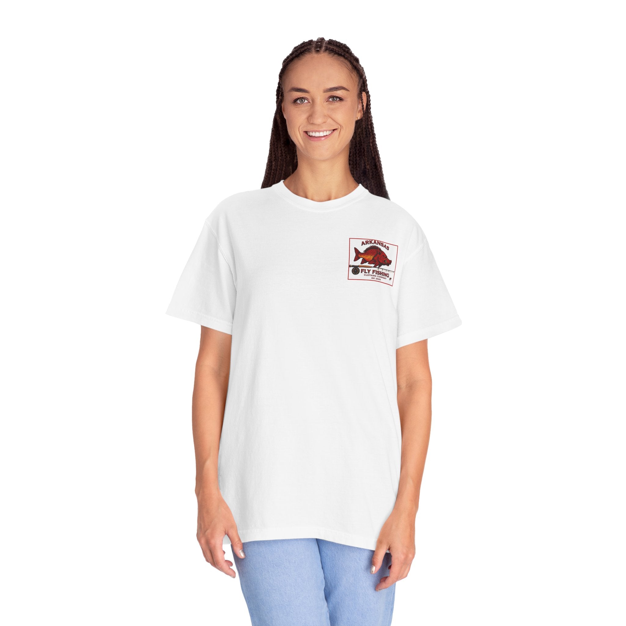 AFFC Arkansas Fly Fishing Hog/Trout Patch T-Shirt | Small Chest Graphic Large Back Graphic