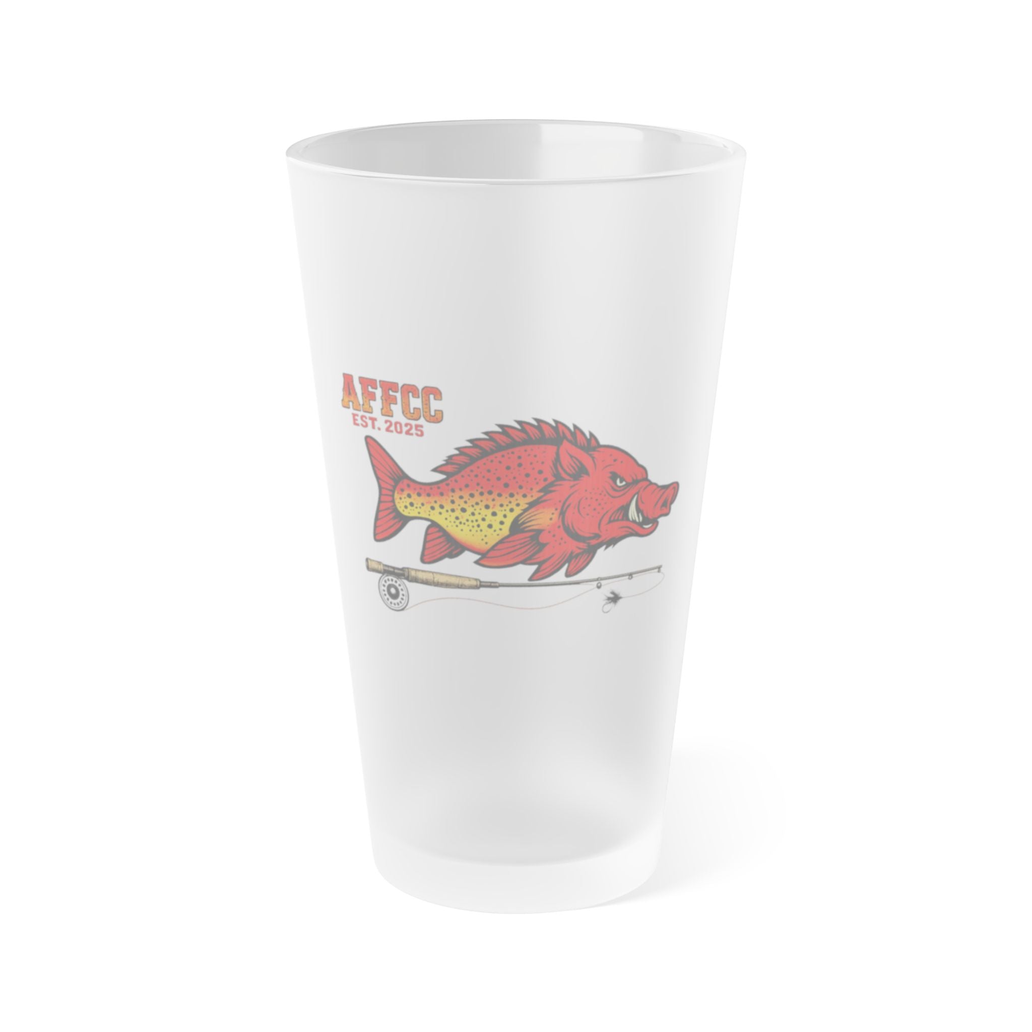 Frosted 16oz Pint Glass — HogTrout Fly Rod Graphic (AFCC)