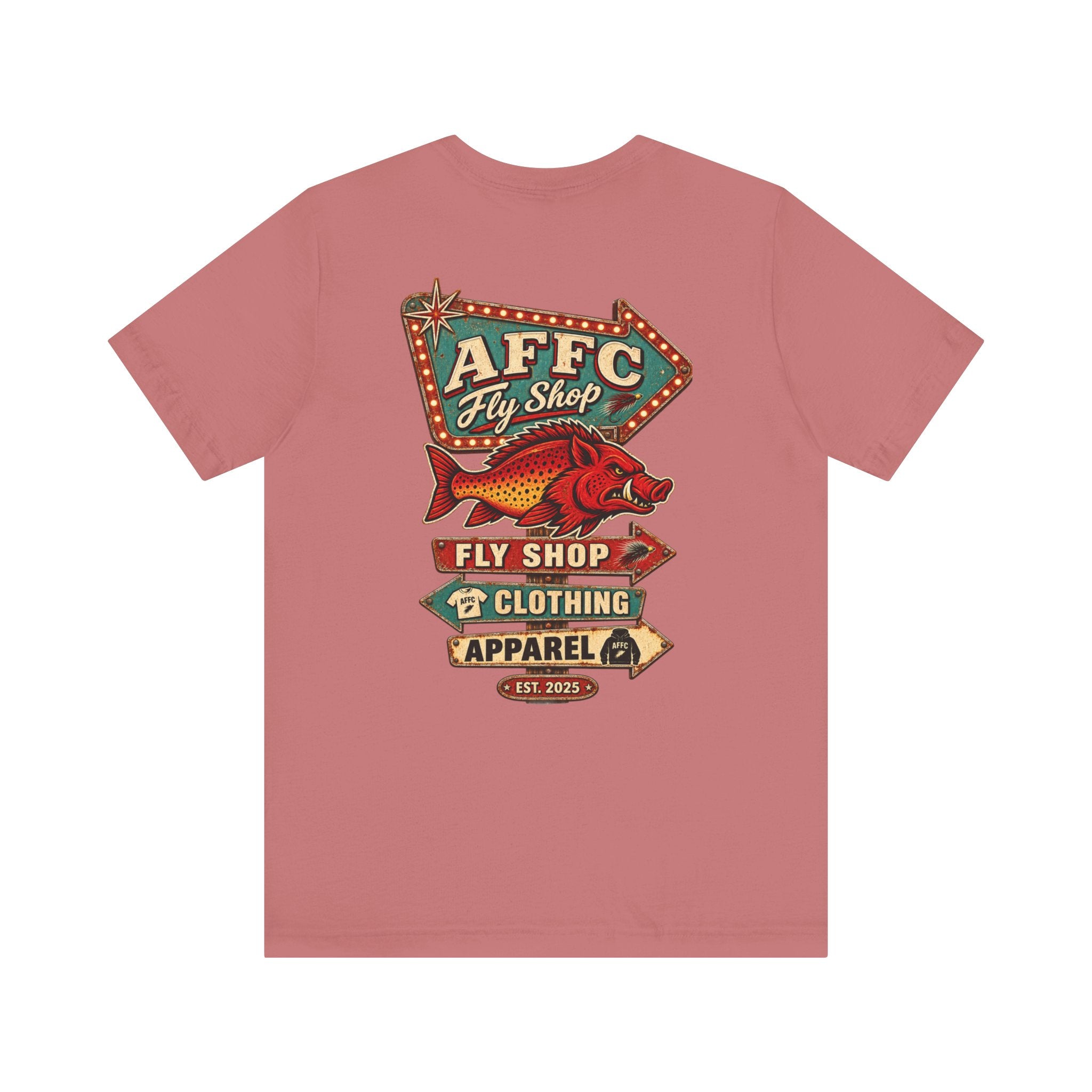 Athletic Fit Runs Small AFFCC Fly Shop T-Shirt — Retro Fish Sign Graphic Tee (AFFC Fly Shop)
