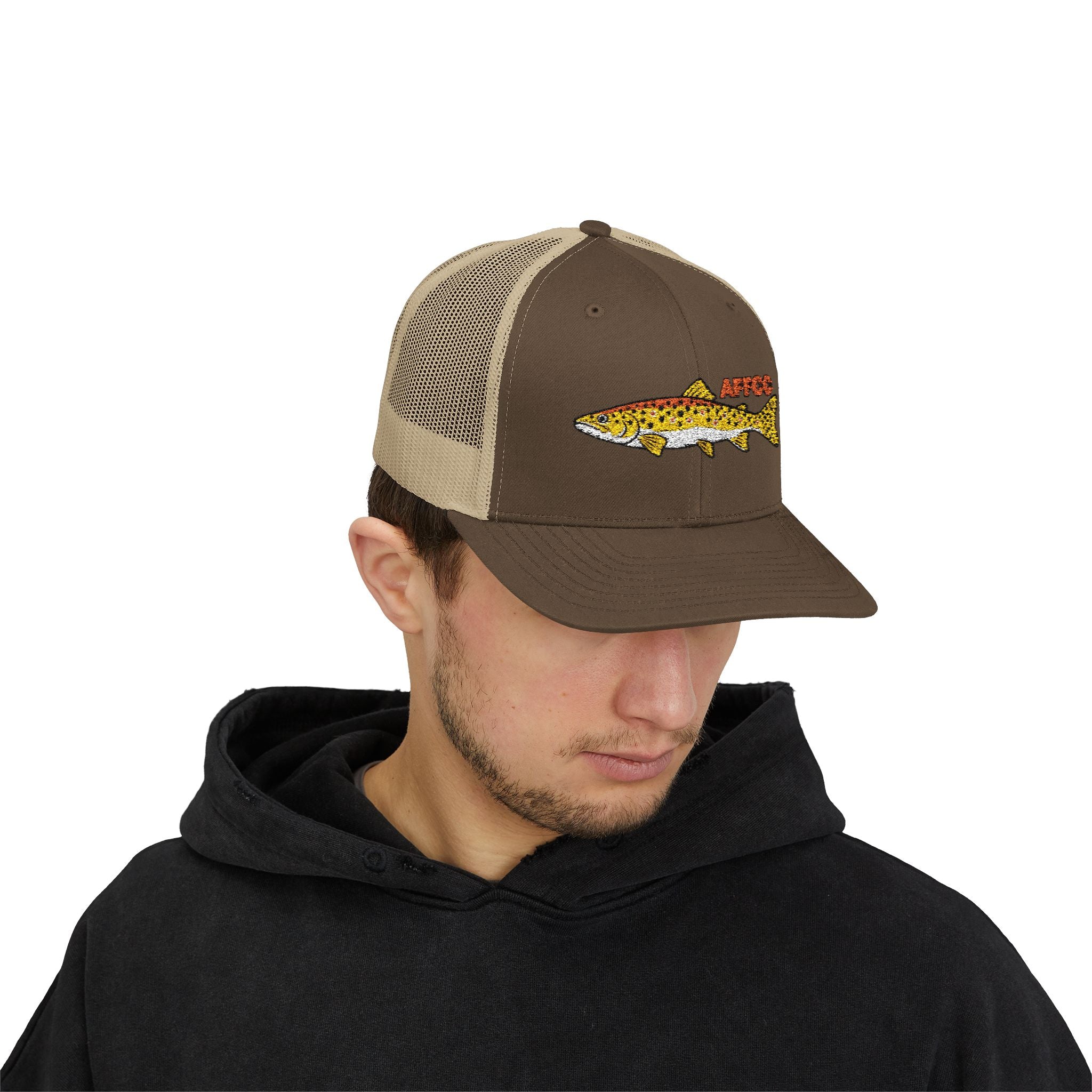 AFFCC Brown Trout Embroidered Trucker Hat – Embroidered Brown Trout ‘AFFCC’ Fishing Hat