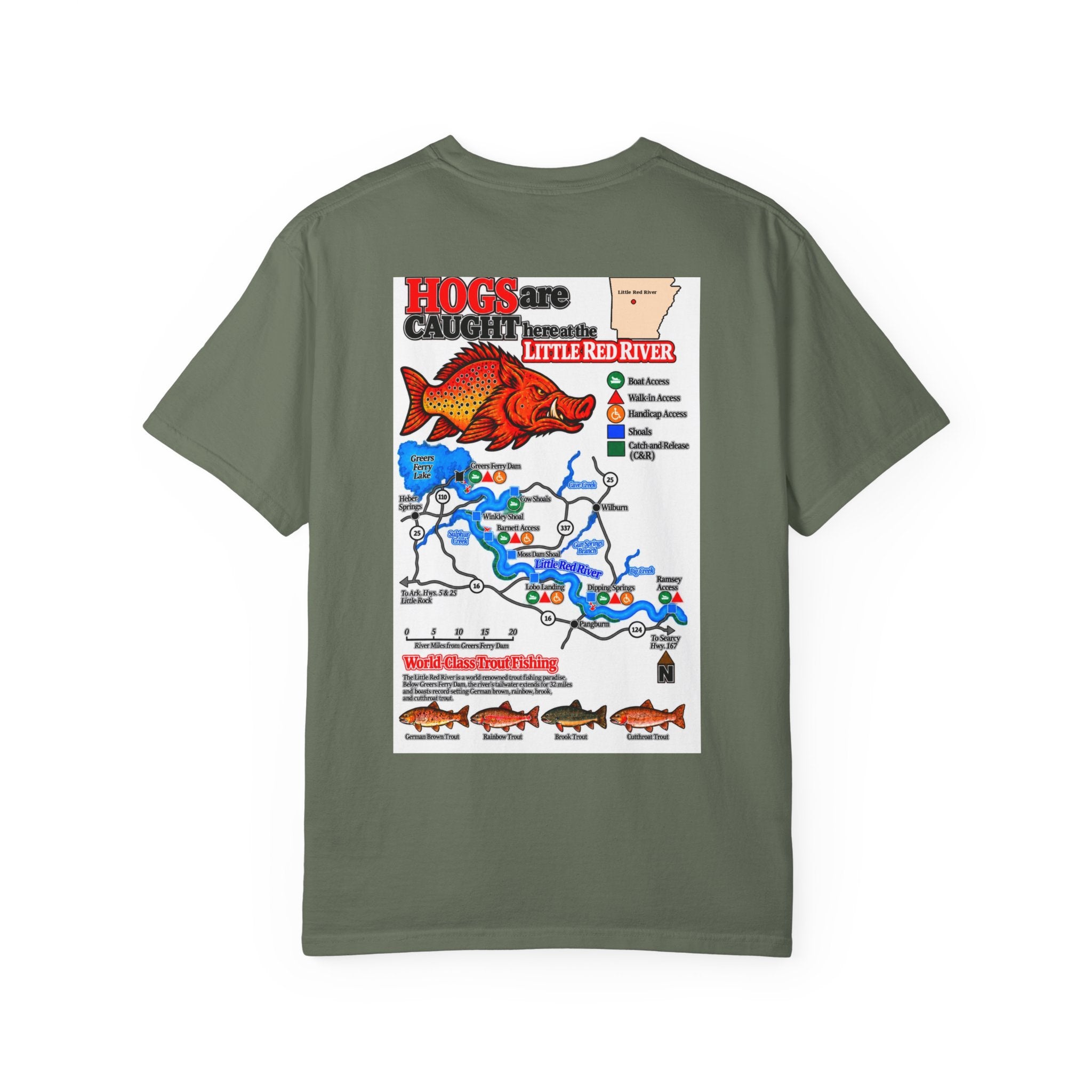AFFCC Little Red River Arkansas Trout Map T-Shirt — 'Hogs Live Here' Fishing Guide Tee