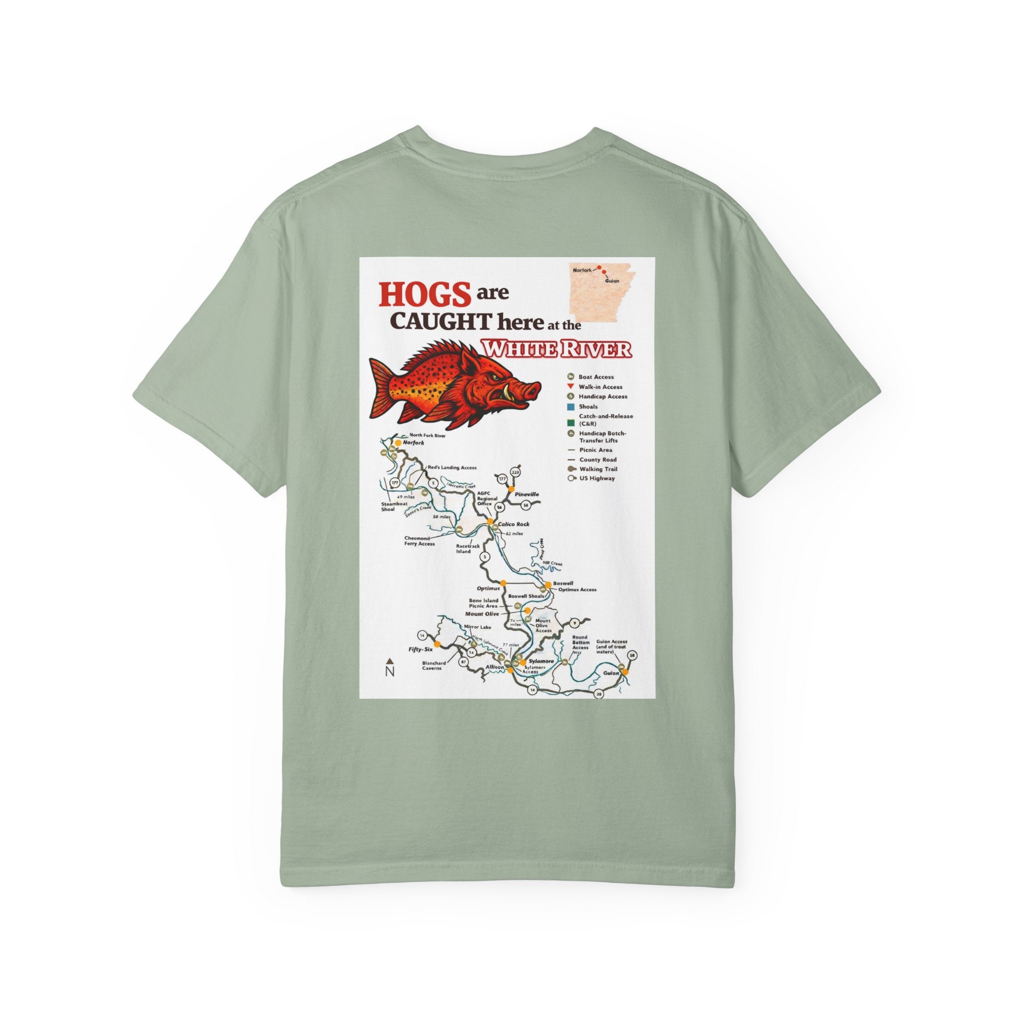 AFFCC White River Fishing Map T-Shirt — “Hogs Are Caught Here” Arkansas White River Trout Map