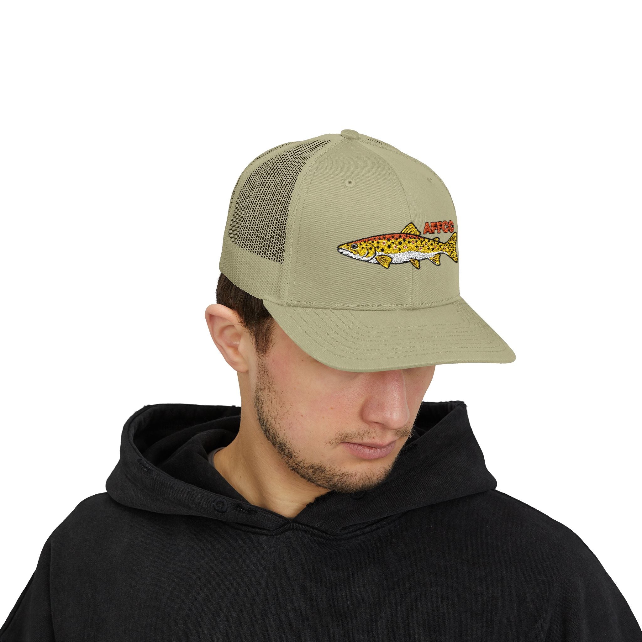 AFFCC Brown Trout Embroidered Trucker Hat – Embroidered Brown Trout ‘AFFCC’ Fishing Hat