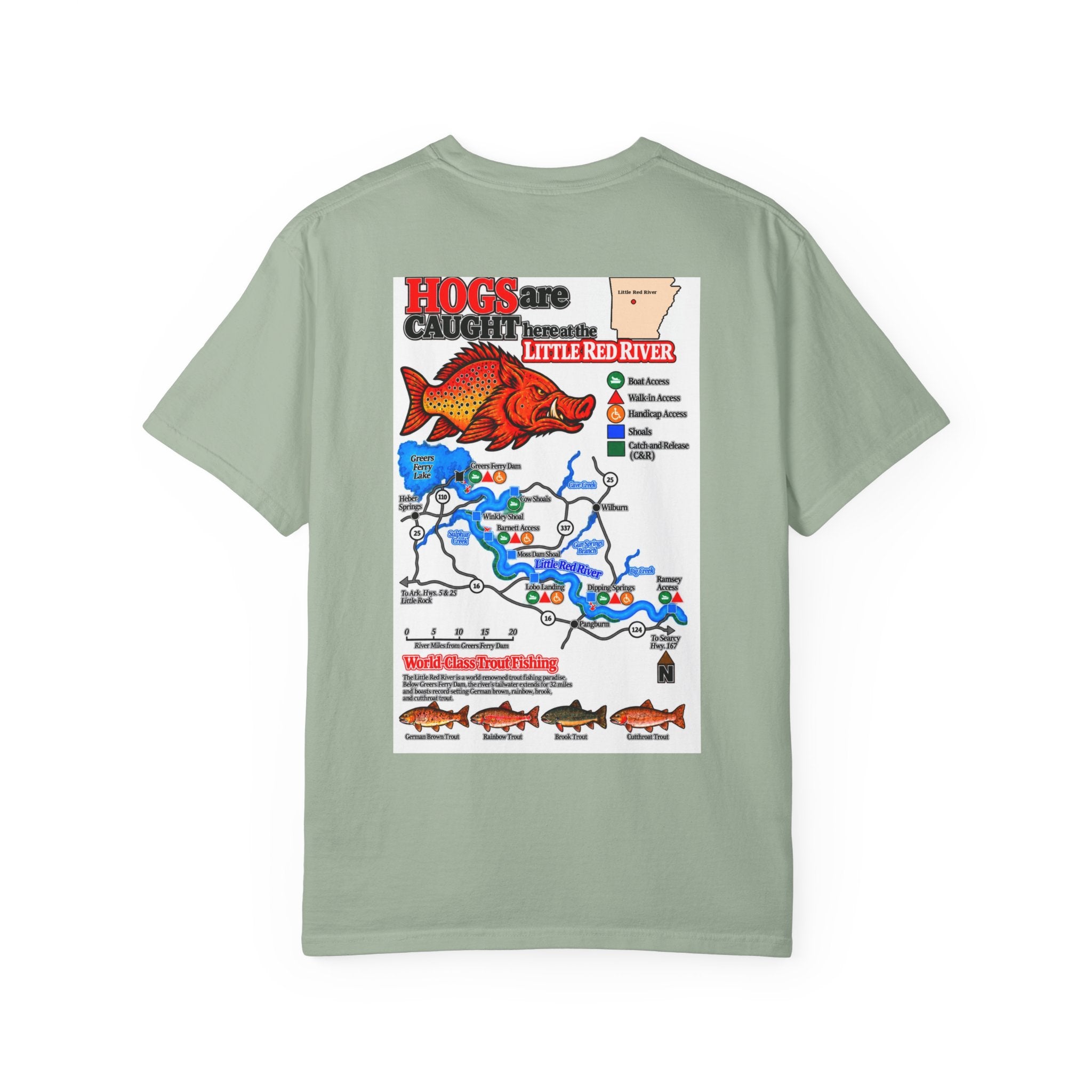 AFFCC Little Red River Arkansas Trout Map T-Shirt — 'Hogs Live Here' Fishing Guide Tee