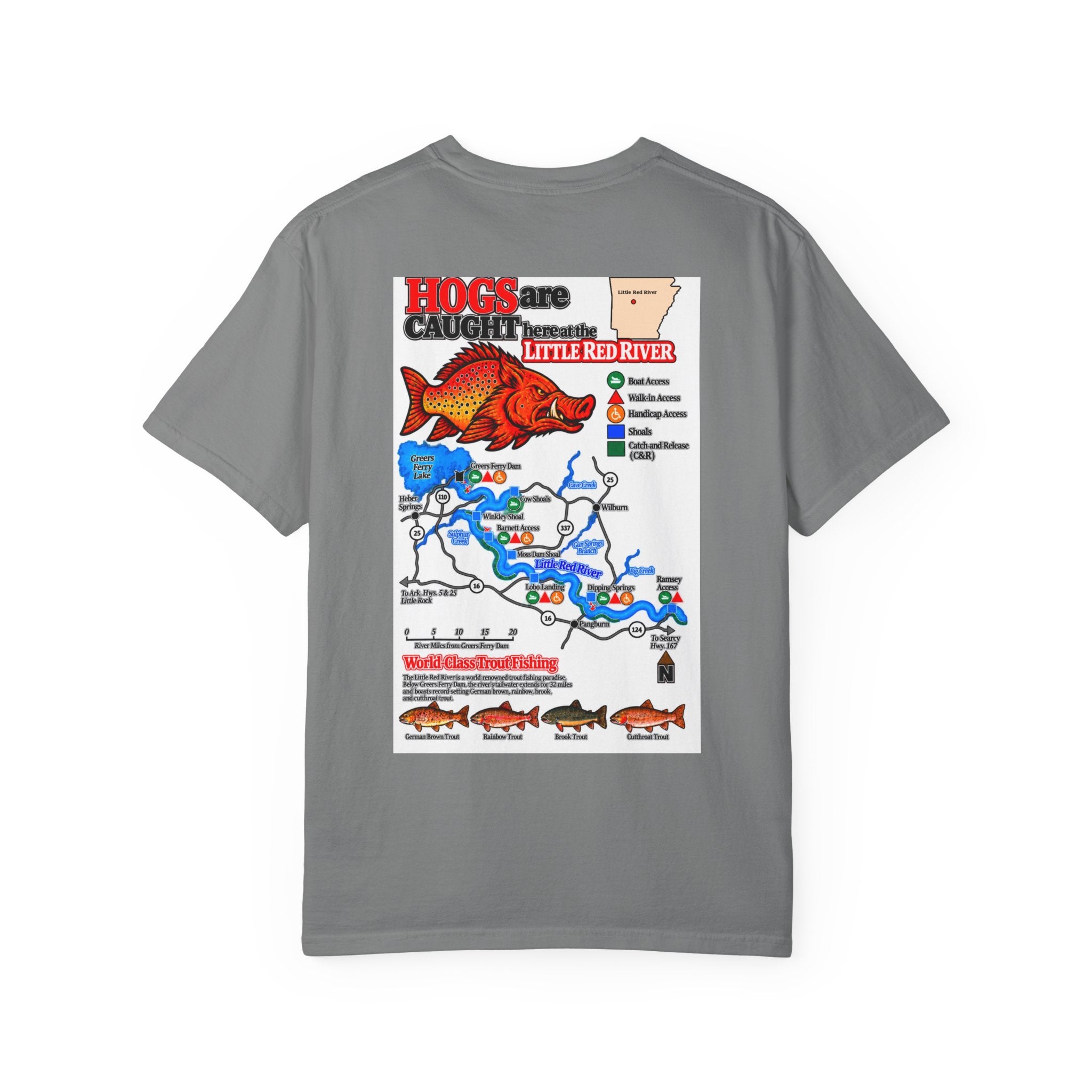 AFFCC Little Red River Arkansas Trout Map T-Shirt — 'Hogs Live Here' Fishing Guide Tee