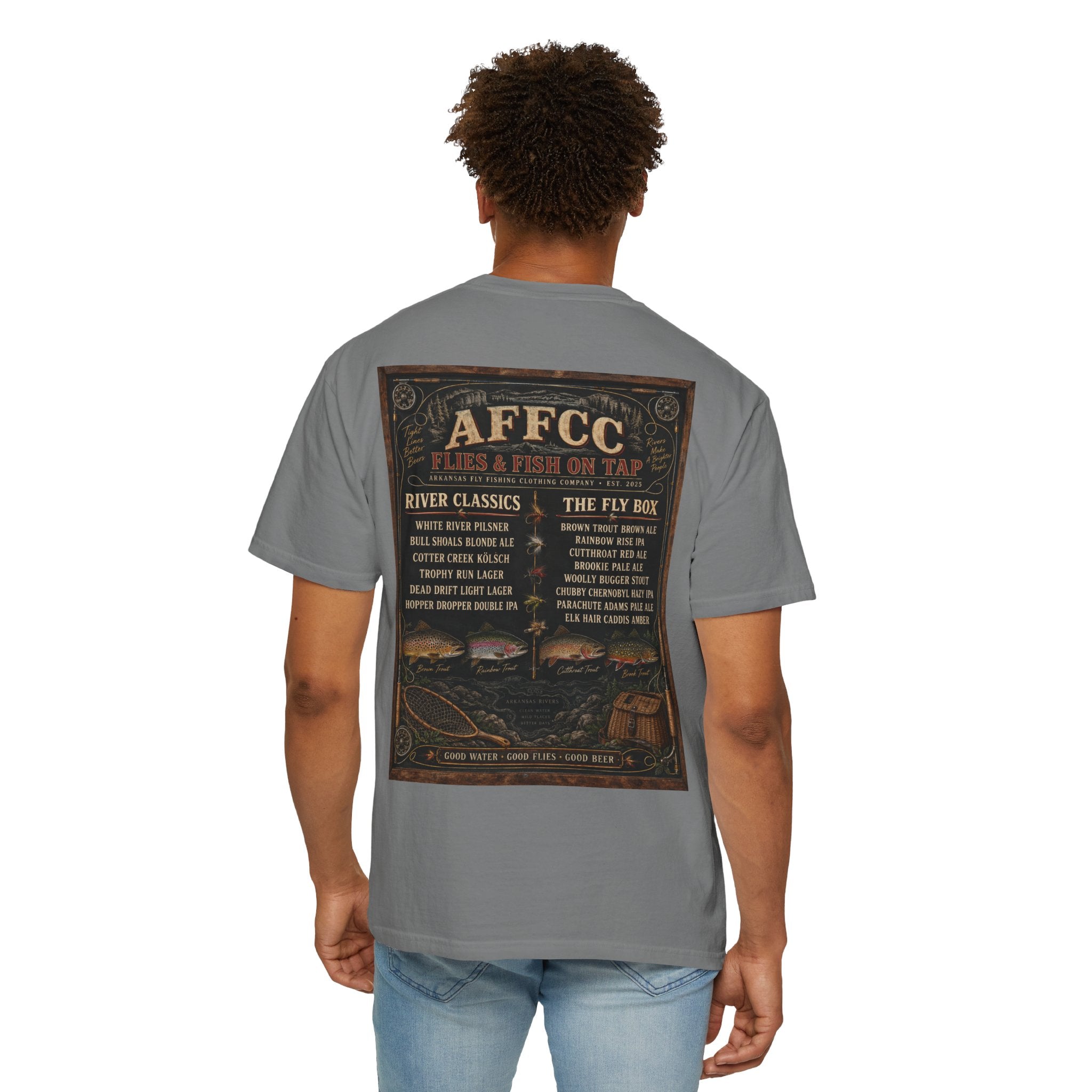 AFFCC Beer Menu Fly Fishing T‑Shirt — AFCC River Classics Vintage Patch Design