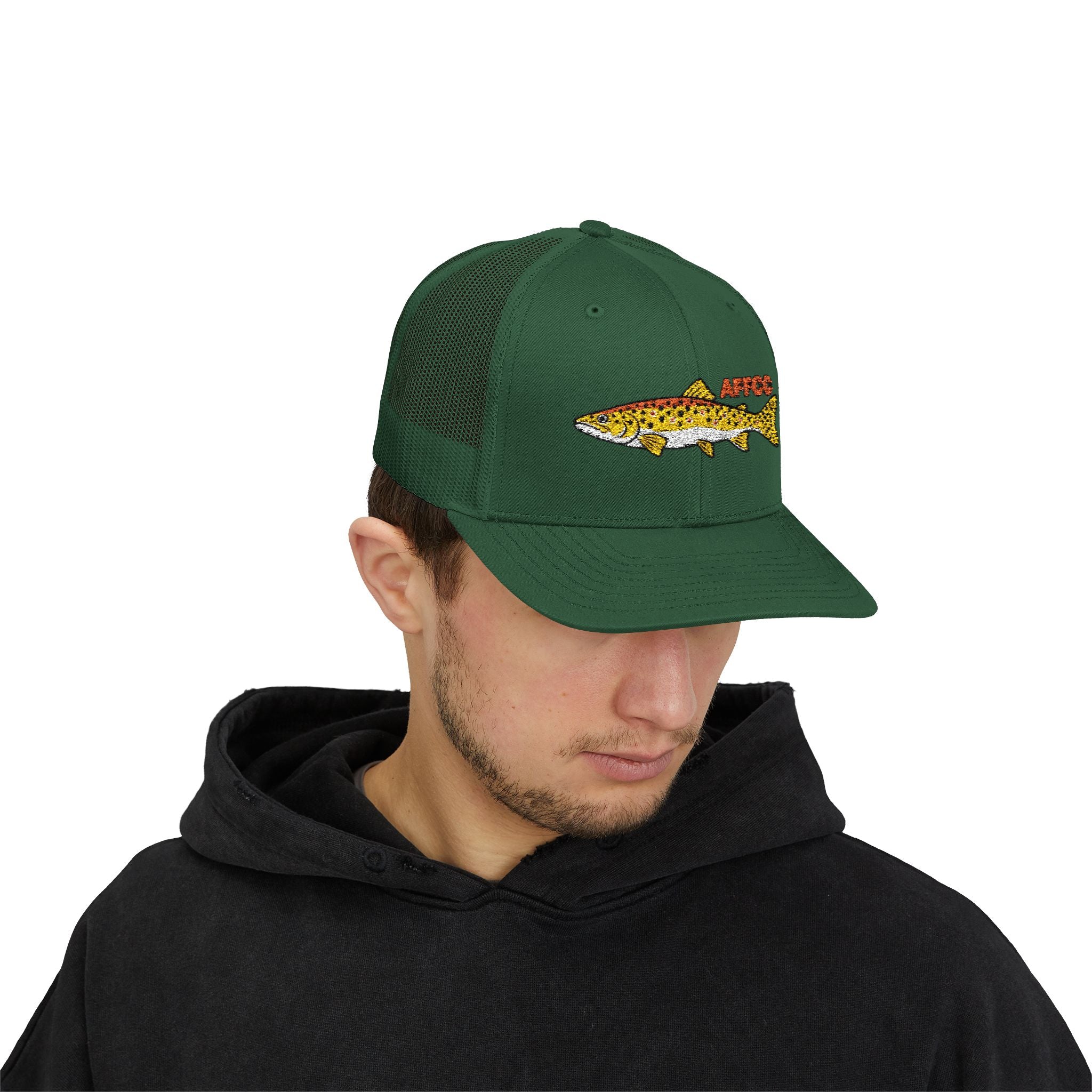 AFFCC Brown Trout Embroidered Trucker Hat – Embroidered Brown Trout ‘AFFCC’ Fishing Hat