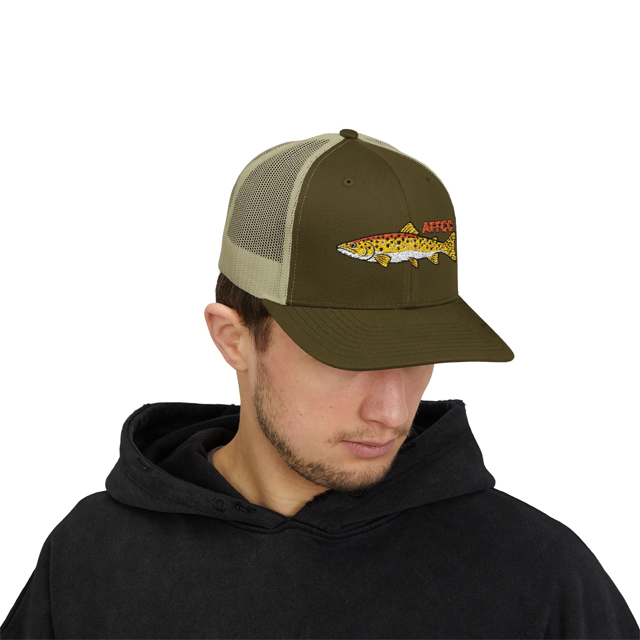 AFFCC Brown Trout Embroidered Trucker Hat – Embroidered Brown Trout ‘AFFCC’ Fishing Hat