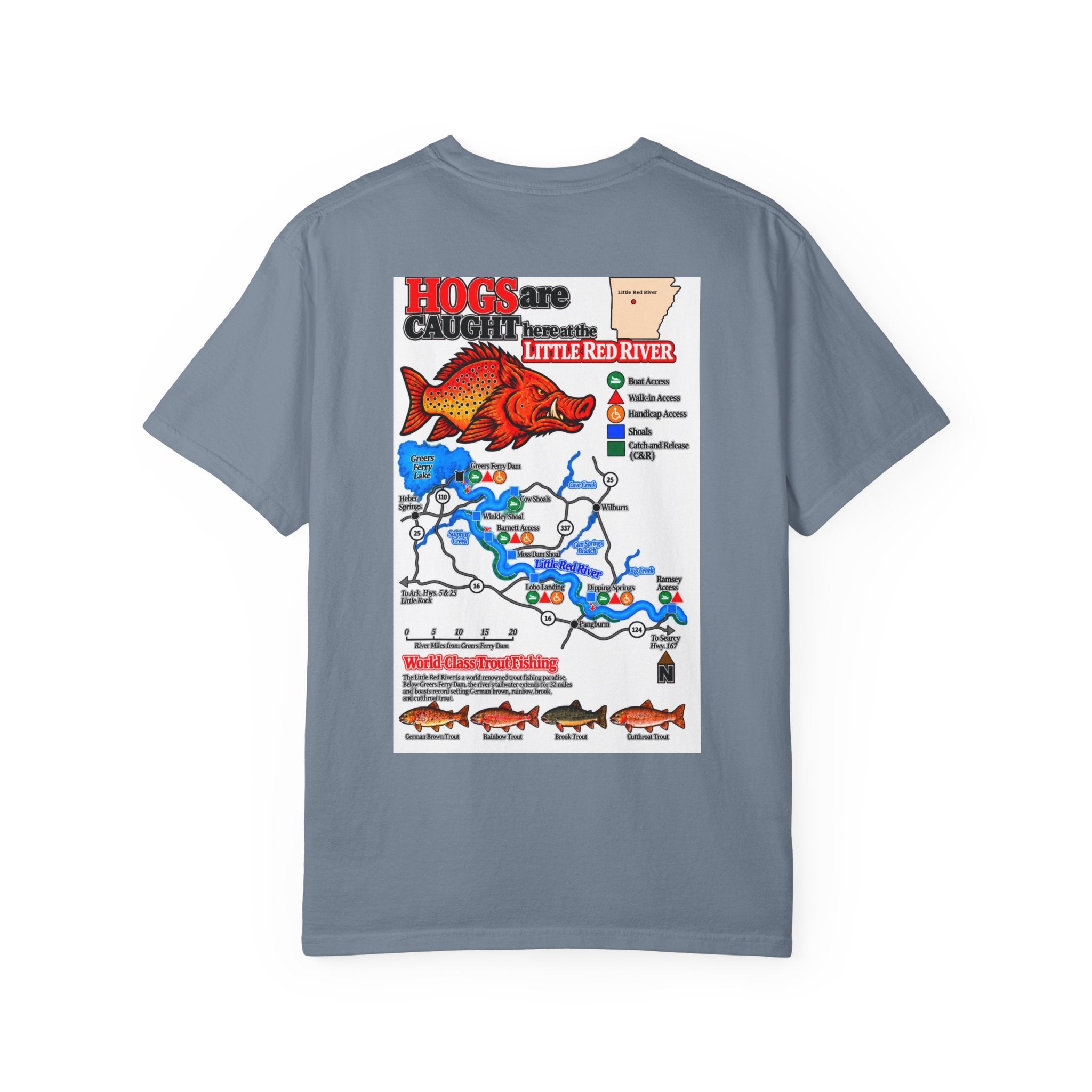 AFFCC Little Red River Arkansas Trout Map T-Shirt — 'Hogs Live Here' Fishing Guide Tee