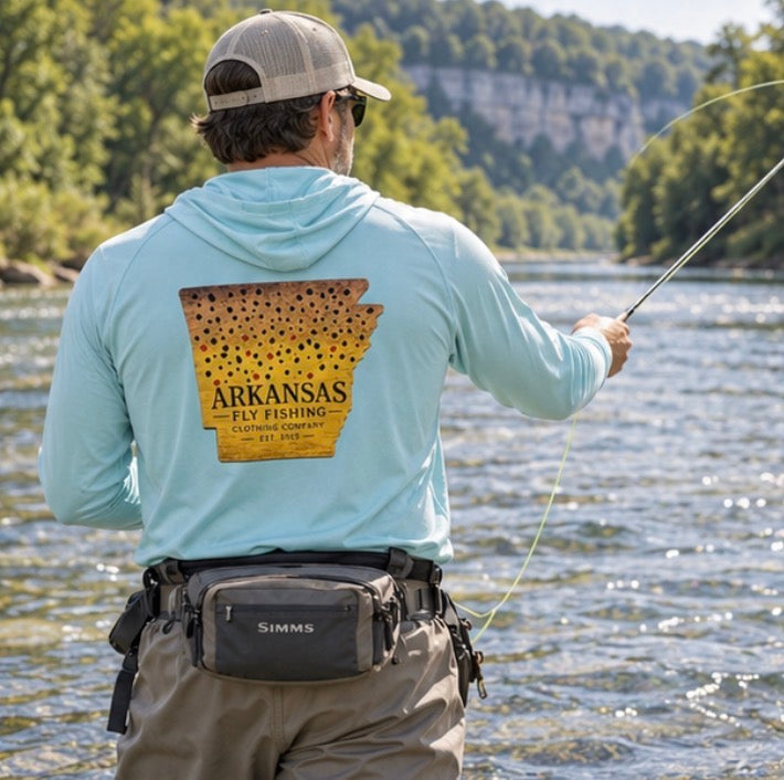 AFFCC Arkansas State Brown Trout Print Sun Hoodie — Brown Trout State Map Sun Hoodie