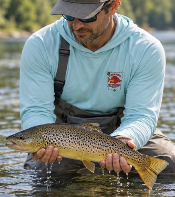 AFFCC Arkansas State Brown Trout Print Sun Hoodie — Brown Trout State Map Sun Hoodie