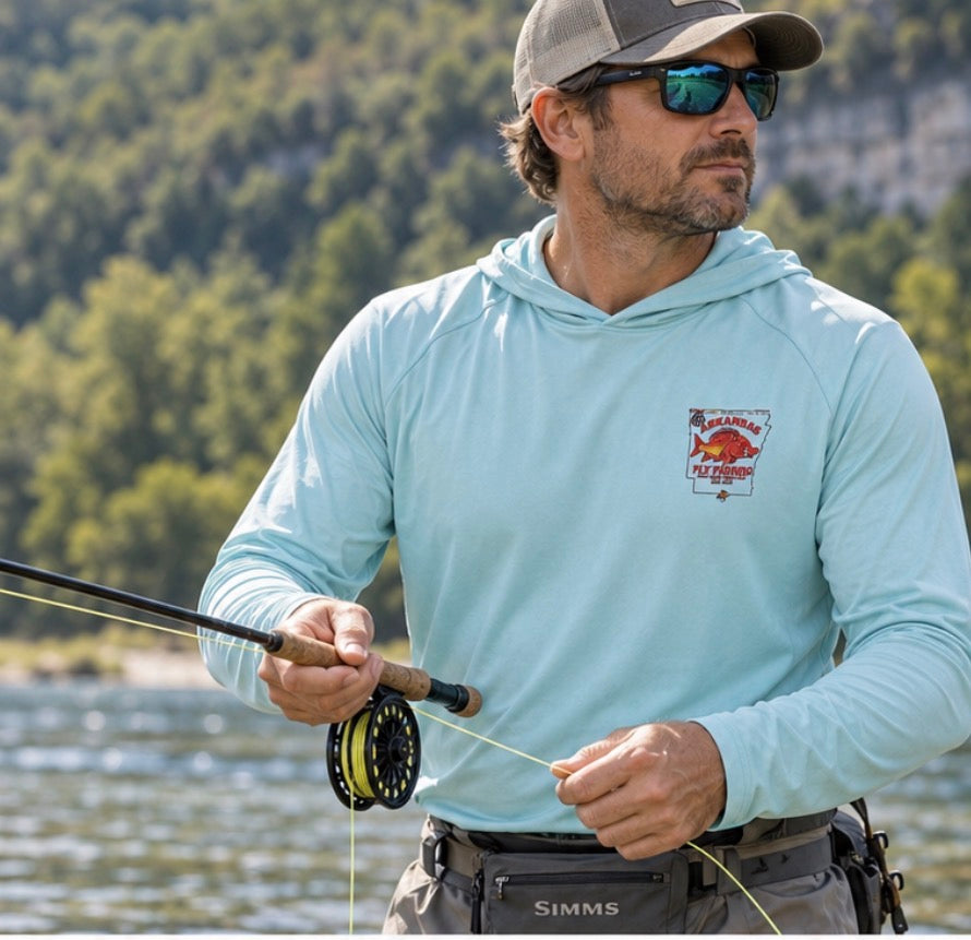 AFFCC Arkansas State Brown Trout Print Sun Hoodie — Brown Trout State Map Sun Hoodie