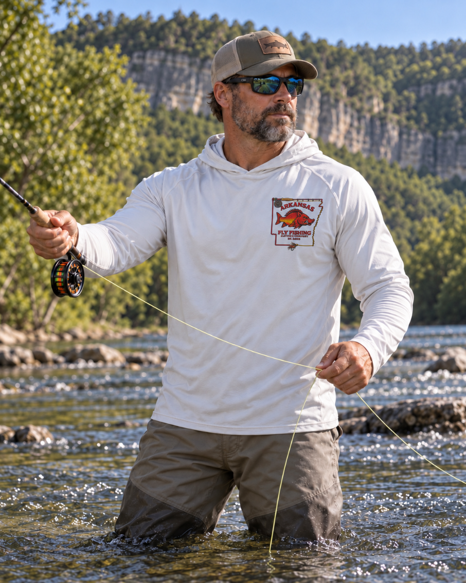 AFFCC Arkansas State Brown Trout Print Sun Hoodie — Brown Trout State Map Sun Hoodie
